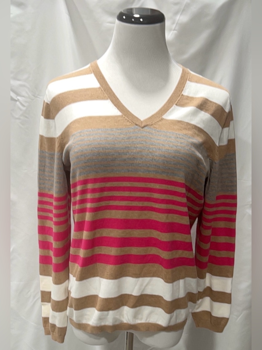 Tommy Hilfiger Womens XL Striped Pima Cotton V-Neck Sweater Tan Pink Multi